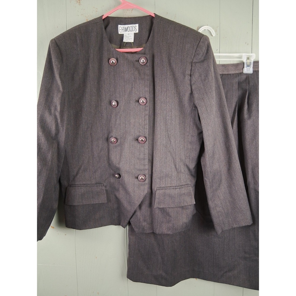 Vintage 2 Pc Double Breasted Skirt Suit Womens Sz 16 Fits 14‎ Brown Pinstripe